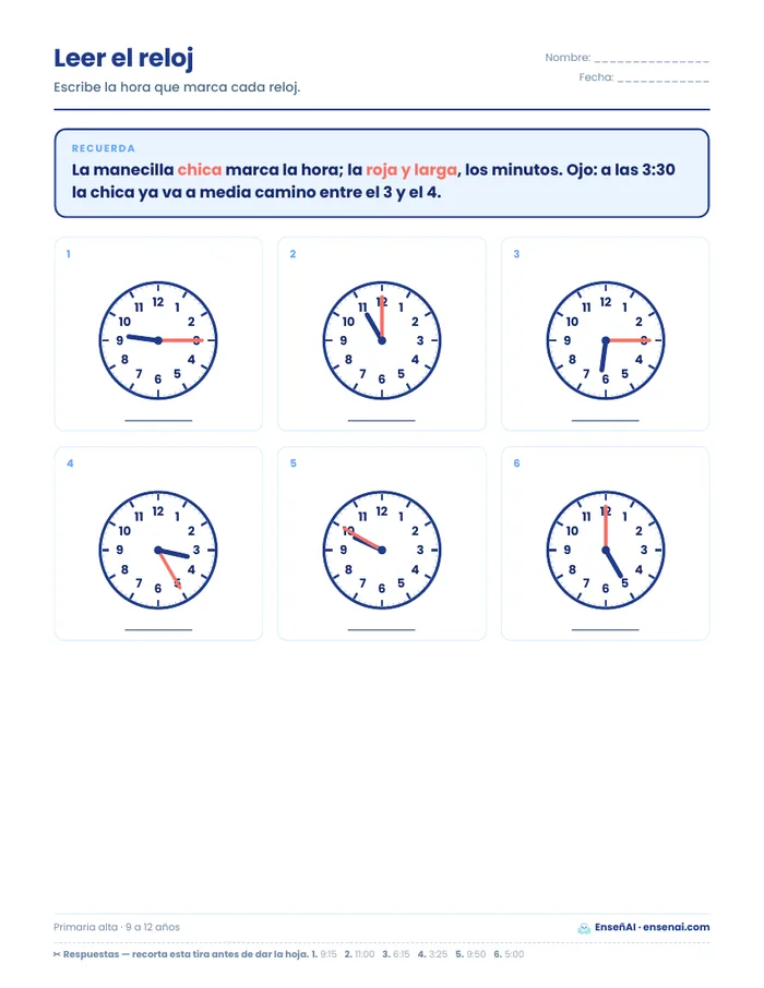 Hoja de leer el reloj de EnseñAI